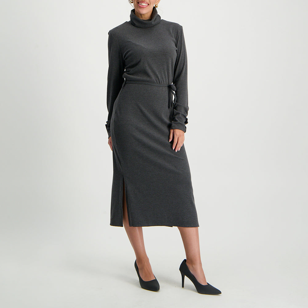 Charcoal long sleeve polo neck rib dress – Fashion Fusion