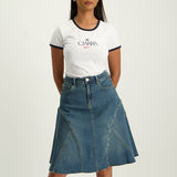 LADIES CIARRA BLUE DENIM FLARE SKIRT WITH PANELS AND POCKETS