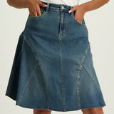 LADIES CIARRA BLUE DENIM FLARE SKIRT WITH PANELS AND POCKETS