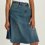 LADIES CIARRA BLUE DENIM FLARE SKIRT WITH PANELS AND POCKETS