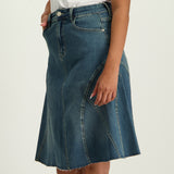 LADIES CIARRA BLUE DENIM FLARE SKIRT WITH PANELS AND POCKETS