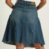 LADIES CIARRA BLUE DENIM FLARE SKIRT WITH PANELS AND POCKETS