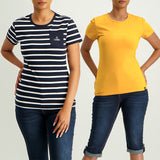 LADIES CIARRA NAVY/WHITE &amp; OCHRA STRIPE 2PK CREW NECK TEE