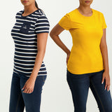 LADIES CIARRA NAVY/WHITE &amp; OCHRA STRIPE 2PK CREW NECK TEE