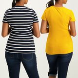 LADIES CIARRA NAVY/WHITE &amp; OCHRA STRIPE 2PK CREW NECK TEE