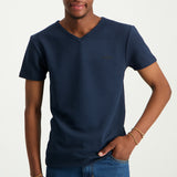 MENS MODA NAVY  TEXTURED V-NECK T-SHIRT (HD LOGO)