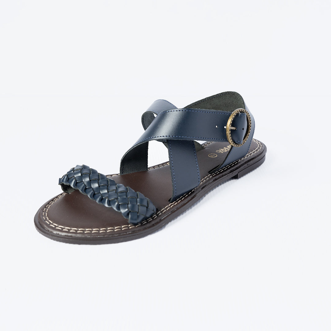 Leather Weave Strappy Sandal.Round Buckle.