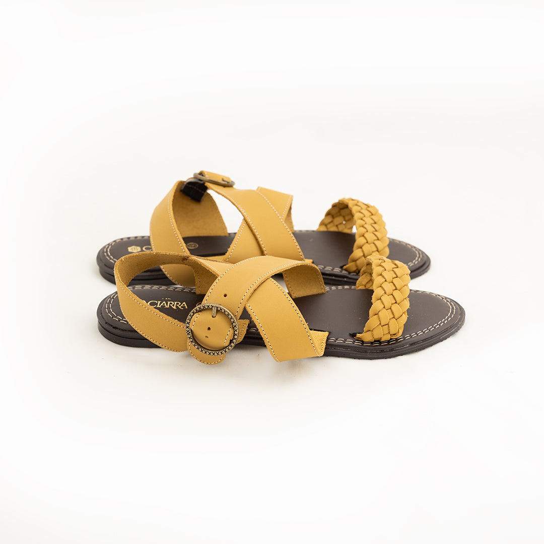 Leather Weave Strappy Sandal.Round Buckle.