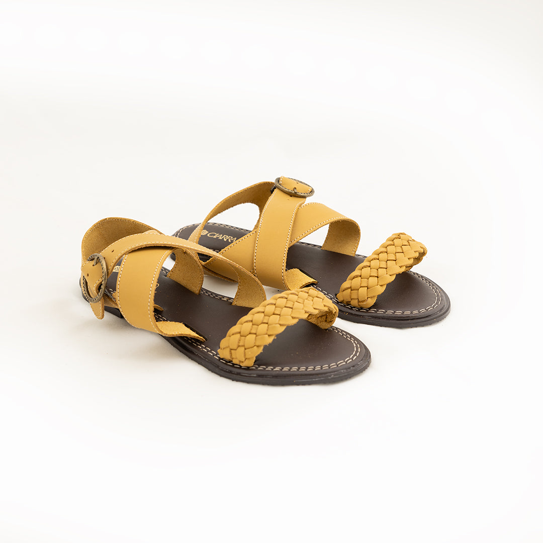 Leather Weave Strappy Sandal.Round Buckle.