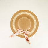 Wide Brim Straw Sun Hat.Floral Bow Tie.