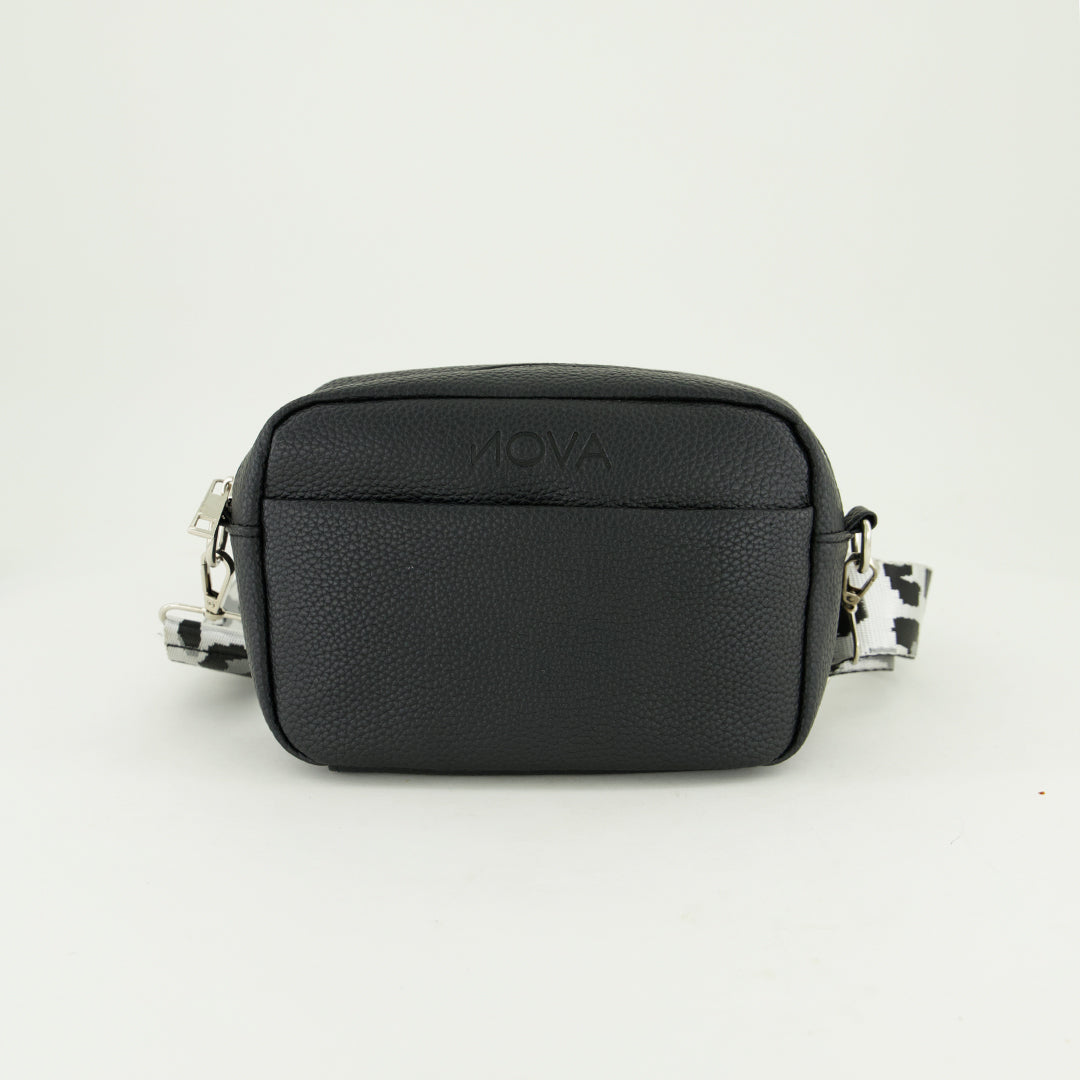 Pebble Pu Crossbody Bag.Printed Jacquard Strap.