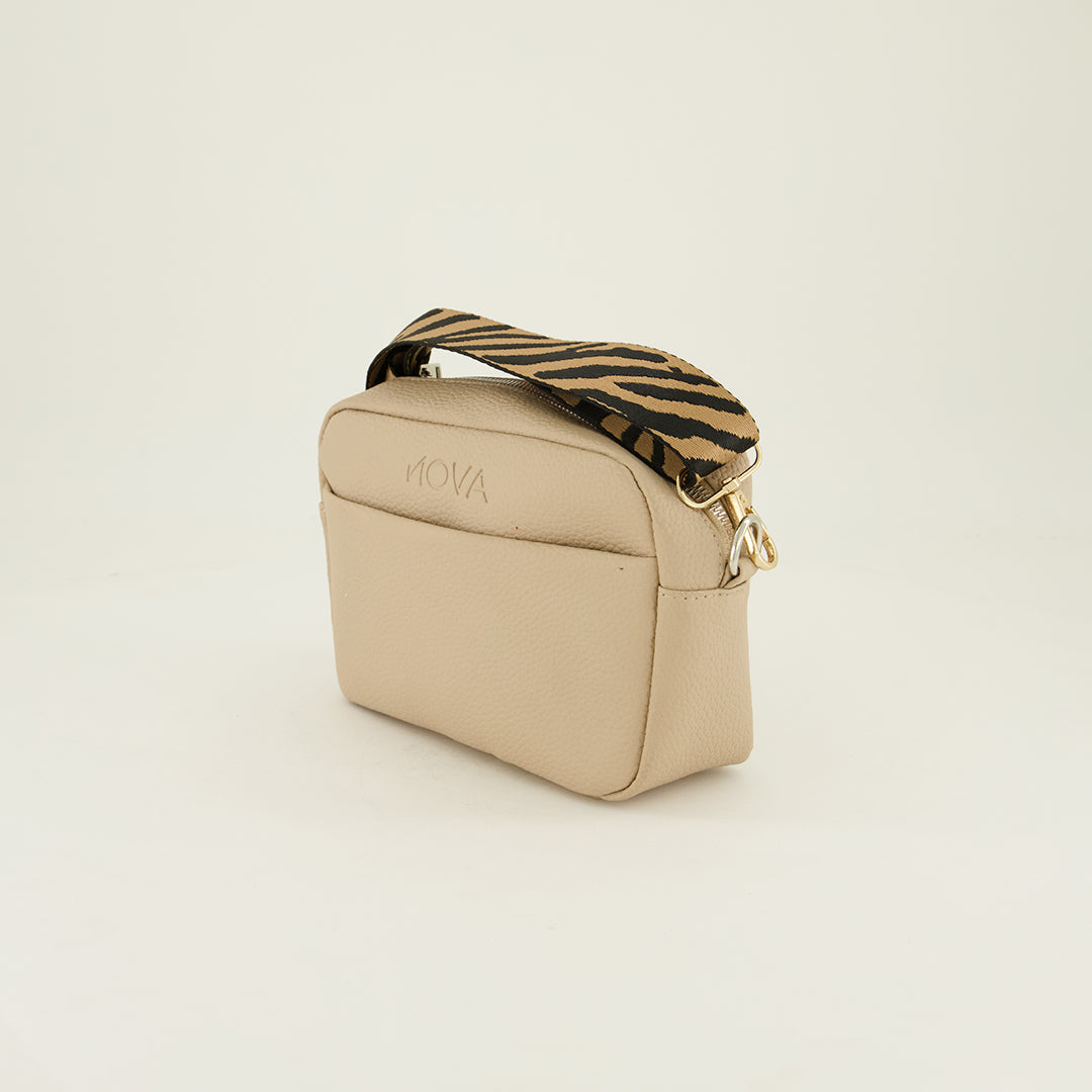 Pebble Pu Crossbody Bag.Printed Jacquard Strap.