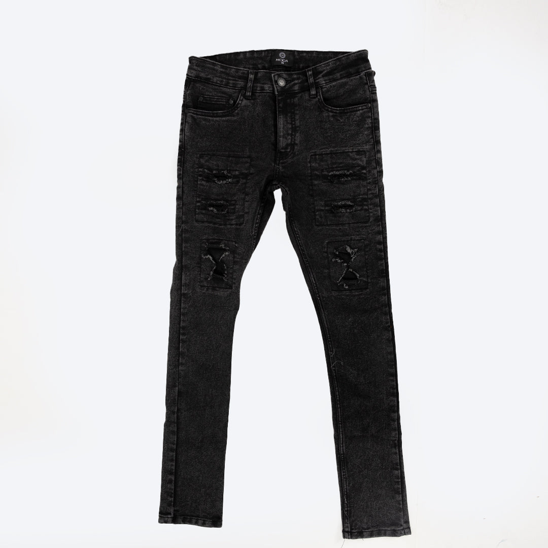 MENS MODA BLACK ACID RIP &amp; REPAIR JEANS